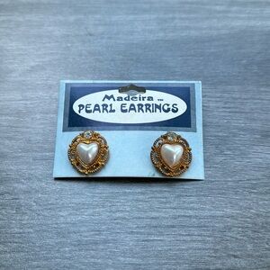 Vintage Madeira Pearl Earrings Heart Halo Post Back
